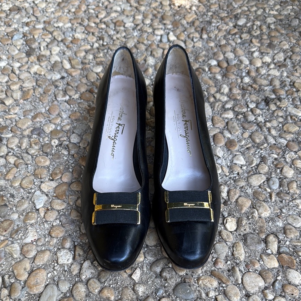 Salvatore Ferragamo Black Vara Pump with Gold Hardware